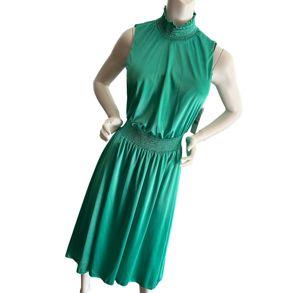 Nanette Lepore Green Satin Smocked Mock Neck Midi Dress Size 6 Sleeveless NWT
